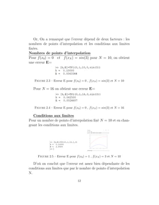 Or, On a remarqué que l’erreur dépend de deux facteurs : les
nombres de points d’interpolation et les conditions aux limites
ﬁxées.
Nombres de points d’interpolation
Pour f(x0) = 0 et f(xN ) = sin(3) pour N = 10, on obtient
une erreur E=
Figure 2.3 – Erreur E pour f(x0) = 0 , f(xN ) = sin(3) et N = 10
Pour N = 16 on obtient une erreur E=
Figure 2.4 – Erreur E pour f(x0) = 0 , f(xN ) = sin(3) et N = 16
Conditions aux limites
Pour un nombre de points d’interpolation ﬁxé N = 10 et en chan-
geant les conditions aux limites.
Figure 2.5 – Erreur E pour f(x0) = 1 , f(xN ) = 3 et N = 10
D’où on conclut que l’erreur est assez bien dépendante de les
conditions aux limites que par le nombre de points d’interpolation
N.
12
 