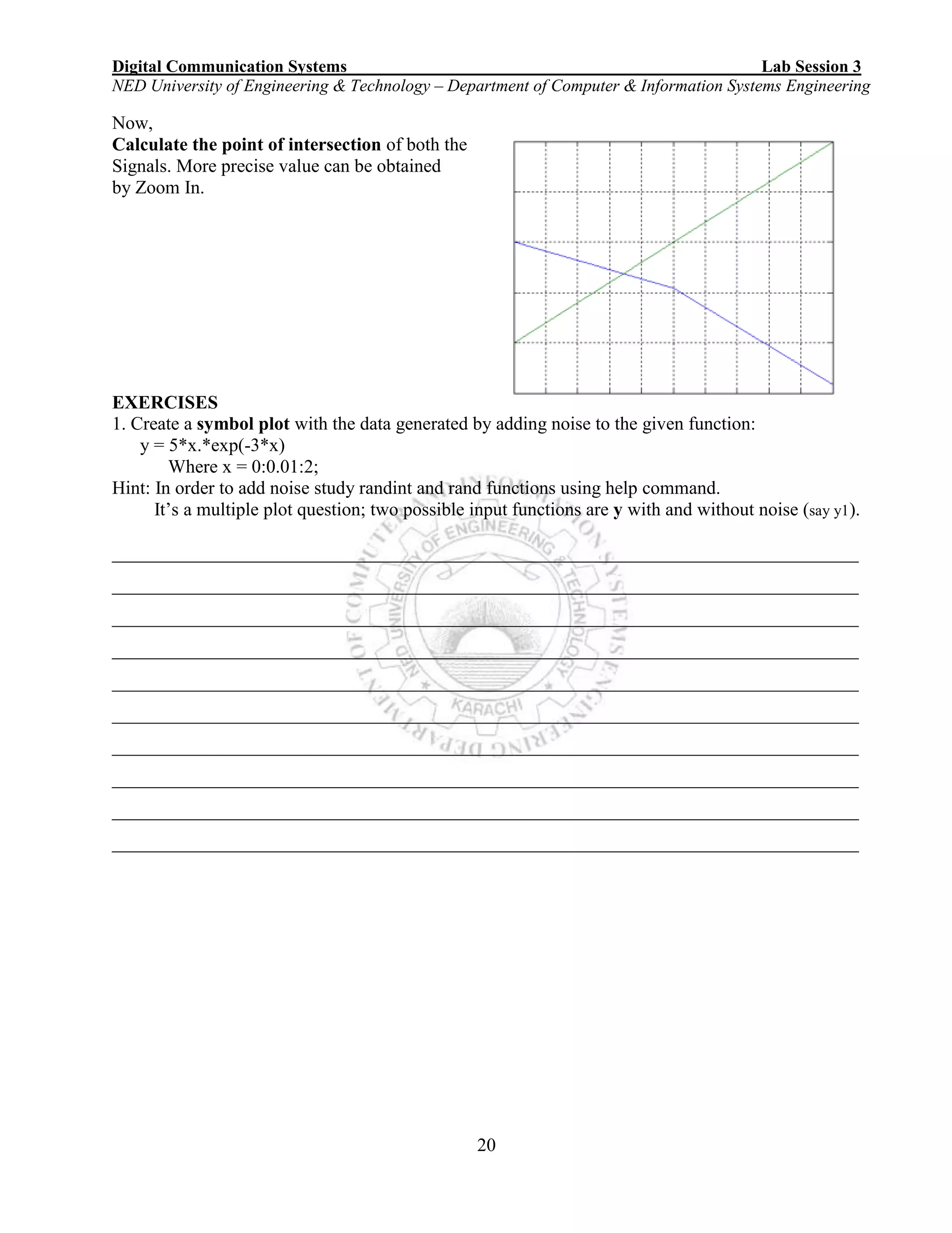 Digital Communication Systems Lab Session 3
NED University of Engineering & Technology – Department of Computer & Information Systems Engineering
20
Now,
Calculate the point of intersection of both the
Signals. More precise value can be obtained
by Zoom In.
EXERCISES
1. Create a symbol plot with the data generated by adding noise to the given function:
y = 5*x.*exp(-3*x)
Where x = 0:0.01:2;
Hint: In order to add noise study randint and rand functions using help command.
It’s a multiple plot question; two possible input functions are y with and without noise (say y1).
________________________________________________________________________________
________________________________________________________________________________
________________________________________________________________________________
________________________________________________________________________________
________________________________________________________________________________
________________________________________________________________________________
________________________________________________________________________________
________________________________________________________________________________
________________________________________________________________________________
________________________________________________________________________________
 