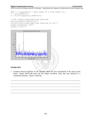 Digital Communication Systems Lab Session13
NED University of Engineering & Technology – Department of Computer & Information Systems Engineering
106
NFFT = 2^nextpow2(L); % Next power of 2 from length of y
Y = fft(y,NFFT)/L;
f = Fs/2*linspace(0,1,NFFT/2+1);
% Plot single-sided amplitude spectrum.
plot(f,2*abs(Y(1:NFFT/2+1)))
title('Single-Sided Amplitude Spectrum of y(t)')
xlabel('Frequency (Hz)')
ylabel('|Y(f)|')
EXERCISES
1. Compute fourier transform of sinc function. Show all your calculations in the space given
below. Attach MATLAB code and the output waveform. Note that sinc function is a
continuous function ; sinc(x)= sinπx/πx .
______________________________________________________________________________
______________________________________________________________________________
______________________________________________________________________________
______________________________________________________________________________
______________________________________________________________________________
 