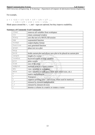 Digital Communication Systems ____ Lab Session 1
NED University of Engineering & Technology – Department of Computer & Information Systems Engineering
13
For example,
s = 1 -1/2 + 1/3 -1/4 + 1/5 - 1/6 + 1/7 ...
- 1/8 + 1/9 - 1/10 + 1/11 - 1/12;
Blank spaces around the =, +, and - signs are optional, but they improve readability.
Summary of Commonly Used Commands
clear removes all variables from workspace
clc clears command window
diary save the text of a MATLAB session
exp exponential function
format output display format
function user generated function
gtext place text on a plot
help
hold holds current plot and allows new plot to be placed on current plot
length length of a vector
lookfor keyword search on help variables
plot plots vectors
size size of the array
subplot multiple plots in a figure window
who view variables in workspace
whos view variables in workspace, with more detail (size, etc.)
* matrix multiplication
' Transpose
; suppress printing (also - end of row, when used in matrices)
.* element by element multiplication
./ element by element division
: denotes a column in a matrix or creates a vector
 