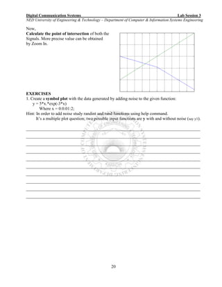 Digital Communication Systems Lab Session 3
NED University of Engineering & Technology – Department of Computer & Information Systems Engineering
20
Now,
Calculate the point of intersection of both the
Signals. More precise value can be obtained
by Zoom In.
EXERCISES
1. Create a symbol plot with the data generated by adding noise to the given function:
y = 5*x.*exp(-3*x)
Where x = 0:0.01:2;
Hint: In order to add noise study randint and rand functions using help command.
It’s a multiple plot question; two possible input functions are y with and without noise (say y1).
________________________________________________________________________________
________________________________________________________________________________
________________________________________________________________________________
________________________________________________________________________________
________________________________________________________________________________
________________________________________________________________________________
________________________________________________________________________________
________________________________________________________________________________
________________________________________________________________________________
________________________________________________________________________________
 