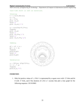 Digital Communication Systems Lab Session 7
NED University of Engineering & Technology – Department of Computer & Information Systems Engineering
35
%and time shift is left as excercise.
%Scaling
t = [-2:0.001:2];
s = t;
s1 = 5*t;
plot (t,s)
hold on
plot (t,s1,'r')
x = sin(2*pi*0.5*t);
figure;
plot (t,x)
hold on
plot (t,5*x,'r')
hold on
plot (t,0.2*x,'g')
%Adding
p1 = s1 + x ;
p2 = x + 2;
figure;
plot(t,p1)
hold on
plot(t,p2)
%modulation
y = 20*cos (2*pi*3*t);
z = s .* y;
figure;
plot(t,z,'m')
EXERCISES
1. Only for positive values of t , if bit 1 is represented by a square wave with +5 Volts and bit
0 with -5 Volts, and if the duration of a bit is 1 second, then plot a time graph for the
following sequence: 1011010001
 