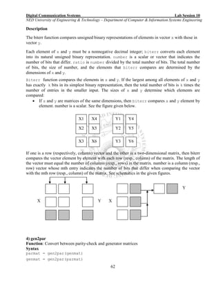 Digital Communication Systems Lab Session 10
NED University of Engineering & Technology – Department of Computer & Information Systems Engineering
62
Description
The biterr function compares unsigned binary representations of elements in vector x with those in
vector y.
Each element of x and y must be a nonnegative decimal integer; biterr converts each element
into its natural unsigned binary representation. number is a scalar or vector that indicates the
number of bits that differ. ratio is number divided by the total number of bits. The total number
of bits, the size of number, and the elements that biterr compares are determined by the
dimensions of x and y.
Biterr function compares the elements in x and y. If the largest among all elements of x and y
has exactly k bits in its simplest binary representation, then the total number of bits is k times the
number of entries in the smaller input. The sizes of x and y determine which elements are
compared:
 If x and y are matrices of the same dimensions, then biterr compares x and y element by
element. number is a scalar. See the figure given below.
If one is a row (respectively, column) vector and the other is a two-dimensional matrix, then biterr
compares the vector element by element with each row (resp., column) of the matrix. The length of
the vector must equal the number of columns (resp., rows) in the matrix. number is a column (resp.,
row) vector whose mth entry indicates the number of bits that differ when comparing the vector
with the mth row (resp., column) of the matrix. See schematics in the given figures.
4) gen2par
Function: Convert between parity-check and generator matrices
Syntax
parmat = gen2par(genmat)
genmat = gen2par(parmat)
X1
X2
X3
X4
X5
X6
Y1
Y2
Y3
Y4
Y5
Y6
Y
XYX
 
