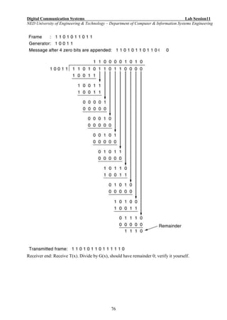 Digital Communication Systems Lab Session11
NED University of Engineering & Technology – Department of Computer & Information Systems Engineering
76
Receiver end: Receive T(x). Divide by G(x), should have remainder 0; verify it yourself.
 