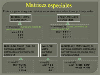 Matrices especiales Podemos generar algunas matrices especiales usando funciones ya incorporadas: zeros(n)  : Matriz de ceros ( n x n ). >>Z=zeros(3);   %crea una matriz de ceros de orden 3 ans = 0 0 0 0 0 0 0 0 0 ones(n,m) : Matriz de unos ( n x m ) >>X=ones(3,5);  %crea una matriz de unos de orden 3x5 ans  =   1 1 1 1 1 1 1 1 1 1 1 1 1 1 1 rand(n,m):  Matriz ( n x m ) de números aleatorios distribuidos uniformemente entre 0 y1 >> rand(3,1) ans  =  0.2190 0.0470 0.6789   randn(n,m):  Matriz ( n x m ) de números aleatorios distribuidos normalmente con media cero y varianza unidad. >> randn(2) ans=  1.1650  0.0751 0.6268  0.3516 eye(n,m):  Matriz identidad ( n x m ) >>eye(3) ans= 1 0 0 0 1 0  0 0 1 