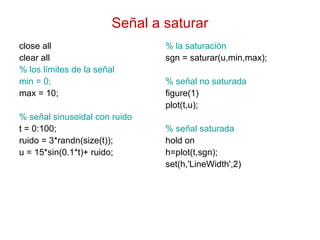 Señal a saturar
close all
clear all
% los límites de la señal
min = 0;
max = 10;
% señal sinusoidal con ruido
t = 0:100;
ruido = 3*randn(size(t));
u = 15*sin(0.1*t)+ ruido;
% la saturación
sgn = saturar(u,min,max);
% señal no saturada
figure(1)
plot(t,u);
% señal saturada
hold on
h=plot(t,sgn);
set(h,'LineWidth',2)
 