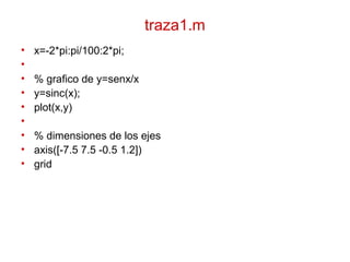 traza1.m
• x=-2*pi:pi/100:2*pi;
•
• % grafico de y=senx/x
• y=sinc(x);
• plot(x,y)
•
• % dimensiones de los ejes
• axis([-7.5 7.5 -0.5 1.2])
• grid
 