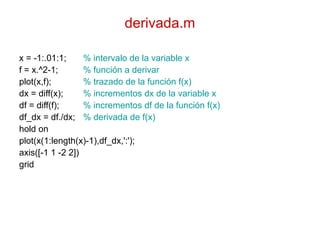derivada.m
x = -1:.01:1; % intervalo de la variable x
f = x.^2-1; % función a derivar
plot(x,f); % trazado de la función f(x)
dx = diff(x); % incrementos dx de la variable x
df = diff(f); % incrementos df de la función f(x)
df_dx = df./dx; % derivada de f(x)
hold on
plot(x(1:length(x)-1),df_dx,':');
axis([-1 1 -2 2])
grid
 