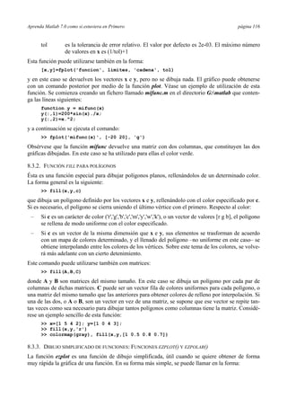 Aprenda Matlab 7.0 como si estuviera en Primero página 116 
tol es la tolerancia de error relativo. El valor por defecto es 2e-03. El máximo número 
de valores en x es (1/tol)+1 
Esta función puede utilizarse también en la forma: 
[x,y]=fplot('funcion', limites, 'cadena', tol) 
y en este caso se devuelven los vectores x e y, pero no se dibuja nada. El gráfico puede obtenerse 
con un comando posterior por medio de la función plot. Véase un ejemplo de utilización de esta 
función. Se comienza creando un fichero llamado mifunc.m en el directorio G:matlab que conten-ga 
las líneas siguientes: 
function y = mifunc(x) 
y(:,1)=200*sin(x)./x; 
y(:,2)=x.^2; 
y a continuación se ejecuta el comando: 
 fplot('mifunc(x)', [-20 20], 'g') 
Obsérvese que la función mifunc devuelve una matriz con dos columnas, que constituyen las dos 
gráficas dibujadas. En este caso se ha utilizado para ellas el color verde. 
8.3.2. FUNCIÓN FILL PARA POLÍGONOS 
Ésta es una función especial para dibujar polígonos planos, rellenándolos de un determinado color. 
La forma general es la siguiente: 
 fill(x,y,c) 
que dibuja un polígono definido por los vectores x e y, rellenándolo con el color especificado por c. 
Si es necesario, el polígono se cierra uniendo el último vértice con el primero. Respecto al color: 
– Si c es un carácter de color ('r','g','b','c','m','y','w','k'), o un vector de valores [r g b], el polígono 
se rellena de modo uniforme con el color especificado. 
– Si c es un vector de la misma dimensión que x e y, sus elementos se trasforman de acuerdo 
con un mapa de colores determinado, y el llenado del polígono –no uniforme en este caso– se 
obtiene interpolando entre los colores de los vértices. Sobre este tema de los colores, se volve-rá 
más adelante con un cierto detenimiento. 
Este comando puede utilizarse también con matrices: 
 fill(A,B,C) 
donde A y B son matrices del mismo tamaño. En este caso se dibuja un polígono por cada par de 
columnas de dichas matrices. C puede ser un vector fila de colores uniformes para cada polígono, o 
una matriz del mismo tamaño que las anteriores para obtener colores de relleno por interpolación. Si 
una de las dos, o A o B, son un vector en vez de una matriz, se supone que ese vector se repite tan-tas 
veces como sea necesario para dibujar tantos polígonos como columnas tiene la matriz. Considé-rese 
un ejemplo sencillo de esta función: 
 x=[1 5 4 2]; y=[1 0 4 3]; 
 fill(x,y,'r') 
 colormap(gray), fill(x,y,[1 0.5 0.8 0.7]) 
8.3.3. DIBUJO SIMPLIFICADO DE FUNCIONES: FUNCIONES EZPLOT() Y EZPOLAR() 
La función ezplot es una función de dibujo simplificada, útil cuando se quiere obtener de forma 
muy rápida la gráfica de una función. En su forma más simple, se puede llamar en la forma: 
 
