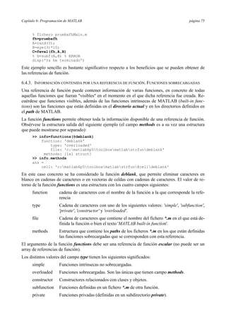 Capítulo 6: Programación de MATLAB página 75 
% fichero pruebafhMain.m 
fh=pruebafh 
A=rand(3); 
B=eye(3)*10; 
C=feval(fh,A,B) 
% D=subf(A,B) % ERROR 
disp('Ya he terminado') 
Este ejemplo sencillo es bastante significativo respecto a los beneficios que se pueden obtener de 
las referencias de función. 
6.4.3. INFORMACIÓN CONTENIDA POR UNA REFERENCIA DE FUNCIÓN. FUNCIONES SOBRECARGADAS 
Una referencia de función puede contener información de varias funciones, en concreto de todas 
aquellas funciones que fueran "visibles" en el momento en el que dicha referencia fue creada. Re-cuérdese 
que funciones visibles, además de las funciones intrínsecas de MATLAB (built-in func-tions) 
son las funciones que están definidas en el directorio actual y en los directorios definidos en 
el path de MATLAB. 
La función functions permite obtener toda la información disponible de una referencia de función. 
Obsérvese la estructura salida del siguiente ejemplo (el campo methods es a su vez una estructura 
que puede mostrarse por separado): 
>> info=functions(@deblank) 
function: 'deblank' 
type: 'overloaded' 
file: 'c:matlab6p5toolboxmatlabstrfundeblank' 
methods: [1x1 struct] 
>> info.methods 
ans = 
cell: 'c:matlab6p5toolboxmatlabstrfun@celldeblank' 
En este caso concreto se ha considerado la función deblank, que permite eliminar caracteres en 
blanco en cadenas de caracteres o en vectoras de celdas con cadenas de caracteres. El valor de re-torno 
de la función functions es una estructura con los cuatro campos siguientes: 
function cadena de caracteres con el nombre de la función a la que corresponde la refe-rencia 
type Cadena de caracteres con uno de los siguientes valores: 'simple', 'subfunction', 
'private', 'constructor' y 'overloaded'. 
file Cadena de caracteres que contiene el nombre del fichero *.m en el que está de-finida 
la función o bien el texto 'MATLAB built-in function'. 
methods Estructura que contiene los paths de los ficheros *.m en los que están definidas 
las funciones sobrecargadas que se corresponden con esta referencia. 
El argumento de la función functions debe ser una referencia de función escalar (no puede ser un 
array de referencias de función). 
Los distintos valores del campo type tienen los siguientes significados: 
simple Funciones intrínsecas no sobrecargadas. 
overloaded Funciones sobrecargadas. Son las únicas que tienen campo methods. 
constructor Constructores relacionados con clases y objetos. 
subfunction Funciones definidas en un fichero *.m de otra función. 
private Funciones privadas (definidas en un subdirectorio private). 
 