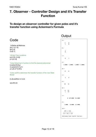 Advance Control System MatLab & Simulink codes with outputs | PDF
