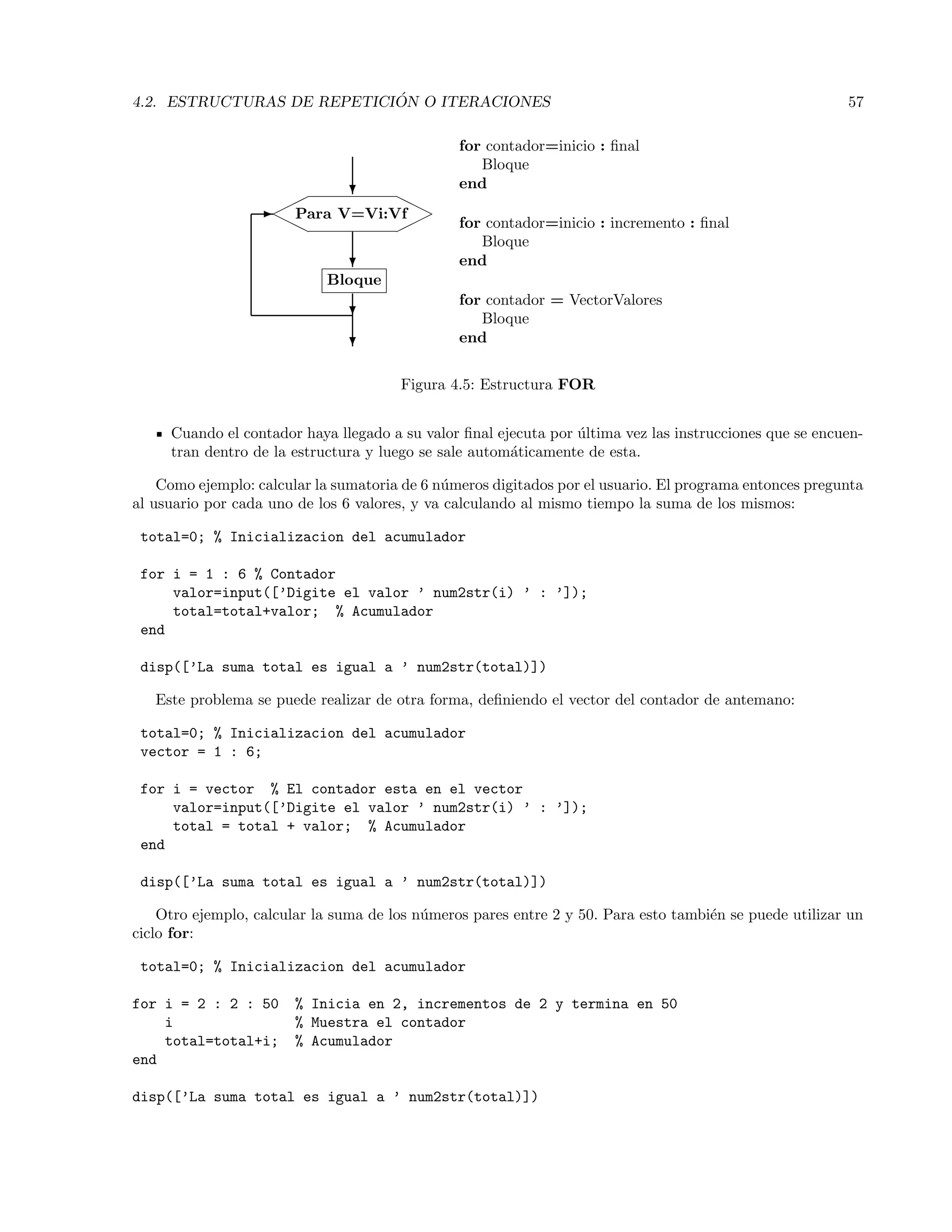 4.2. ESTRUCTURAS DE REPETICI ´ON O ITERACIONES 57
Bloque
Para V=Vi:Vf¨¨¨
rrr
rrr
¨¨¨
?
-
?
?
?
for contador=inicio : ﬁnal
Bloque
end
for contador=inicio : incremento : ﬁnal
Bloque
end
for contador = VectorValores
Bloque
end
Figura 4.5: Estructura FOR
Cuando el contador haya llegado a su valor ﬁnal ejecuta por ´ultima vez las instrucciones que se encuen-
tran dentro de la estructura y luego se sale autom´aticamente de esta.
Como ejemplo: calcular la sumatoria de 6 n´umeros digitados por el usuario. El programa entonces pregunta
al usuario por cada uno de los 6 valores, y va calculando al mismo tiempo la suma de los mismos:
total=0; % Inicializacion del acumulador
for i = 1 : 6 % Contador
valor=input([’Digite el valor ’ num2str(i) ’ : ’]);
total=total+valor; % Acumulador
end
disp([’La suma total es igual a ’ num2str(total)])
Este problema se puede realizar de otra forma, deﬁniendo el vector del contador de antemano:
total=0; % Inicializacion del acumulador
vector = 1 : 6;
for i = vector % El contador esta en el vector
valor=input([’Digite el valor ’ num2str(i) ’ : ’]);
total = total + valor; % Acumulador
end
disp([’La suma total es igual a ’ num2str(total)])
Otro ejemplo, calcular la suma de los n´umeros pares entre 2 y 50. Para esto tambi´en se puede utilizar un
ciclo for:
total=0; % Inicializacion del acumulador
for i = 2 : 2 : 50 % Inicia en 2, incrementos de 2 y termina en 50
i % Muestra el contador
total=total+i; % Acumulador
end
disp([’La suma total es igual a ’ num2str(total)])
 