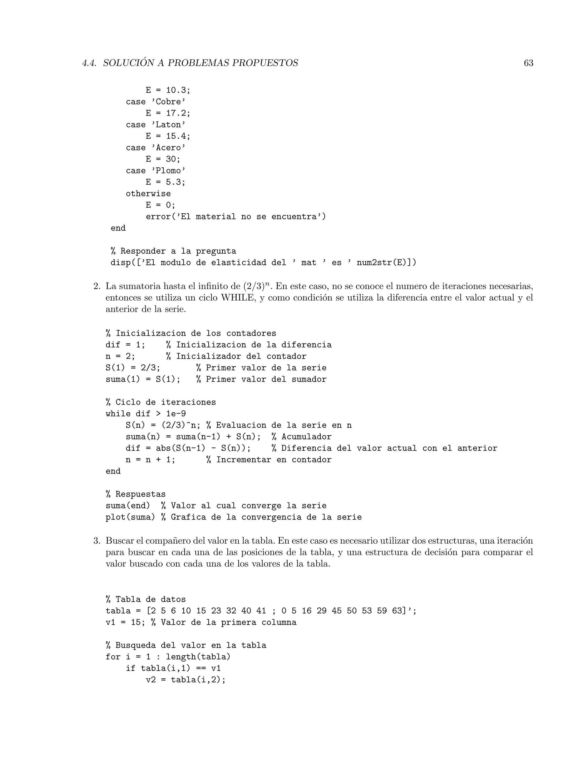4.4. SOLUCI ´ON A PROBLEMAS PROPUESTOS 63
E = 10.3;
case ’Cobre’
E = 17.2;
case ’Laton’
E = 15.4;
case ’Acero’
E = 30;
case ’Plomo’
E = 5.3;
otherwise
E = 0;
error(’El material no se encuentra’)
end
% Responder a la pregunta
disp([’El modulo de elasticidad del ’ mat ’ es ’ num2str(E)])
2. La sumatoria hasta el inﬁnito de (2/3)n
. En este caso, no se conoce el numero de iteraciones necesarias,
entonces se utiliza un ciclo WHILE, y como condici´on se utiliza la diferencia entre el valor actual y el
anterior de la serie.
% Inicializacion de los contadores
dif = 1; % Inicializacion de la diferencia
n = 2; % Inicializador del contador
S(1) = 2/3; % Primer valor de la serie
suma(1) = S(1); % Primer valor del sumador
% Ciclo de iteraciones
while dif  1e-9
S(n) = (2/3)^n; % Evaluacion de la serie en n
suma(n) = suma(n-1) + S(n); % Acumulador
dif = abs(S(n-1) - S(n)); % Diferencia del valor actual con el anterior
n = n + 1; % Incrementar en contador
end
% Respuestas
suma(end) % Valor al cual converge la serie
plot(suma) % Grafica de la convergencia de la serie
3. Buscar el compa˜nero del valor en la tabla. En este caso es necesario utilizar dos estructuras, una iteraci´on
para buscar en cada una de las posiciones de la tabla, y una estructura de decisi´on para comparar el
valor buscado con cada una de los valores de la tabla.
% Tabla de datos
tabla = [2 5 6 10 15 23 32 40 41 ; 0 5 16 29 45 50 53 59 63]’;
v1 = 15; % Valor de la primera columna
% Busqueda del valor en la tabla
for i = 1 : length(tabla)
if tabla(i,1) == v1
v2 = tabla(i,2);
 