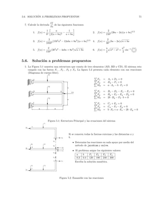 5.6. SOLUCI ´ON A PROBLEMAS PROPUESTOS 71
7. Calcule la derivada
δf
δu
de las siguientes funciones:
1. f(u) =
1
b2
a
2(a + bu)2
−
1
a + bu
2. f(u) =
2
15b3
(3bu − 2a)(a + bu)3/2
3. f(u) =
2
105b3
(15b2
u2
− 12abu + 8a2
)(a + bu)3/2
4. f(u) =
2
3b2
(bu − 2a)
√
a + bu
5. f(u) =
2
15b3
(3b2
u2
− 4abu + 8a2
)
√
a + bu 6. f(u) =
u
2
a2 − u2 +
a2
2
sin−1 u
a
5.6. Soluci´on a problemas propuestos
1. La Figura 5.1 muestra una estructura que consta de tres elementos (AD, BD y CD). El sistema esta
cargado con las fuerza F1 , F2 , F3 y F4. La ﬁgura 5.2 presenta cada elemento con sus reacciones
(Diagrama de cuerpo libre).
Fx = Ax + Dx = 0
Fy = Dy − F1 = 0
Md = a · Ax − b · F1 = 0
Fx = Bx − Dx − Ex − F4 = 0
Fy = By − F2 − Ey − Dy = 0
Md = 2b · By − F2 · b = 0
Fx = Cx + Ex = 0
Fy = Cy − F3 − Ey = 0
Md = b · F3 + a · Ex − 2b · Ey = 0
Figura 5.1: Estructura Principal y las ecuaciones del sistema
Si se conocen todas la fuerzas externas y las distancias a y
b.
Determine las reacciones en cada apoyo por medio del
m´etodo de jacobian y solve.
Al problema asigne los siguientes valores:
a b F1 F2 F3 F4
0.3 0.4 120 180 240 300
Escriba la soluci´on num´erica.
Figura 5.2: Ensamble con las reacciones
 