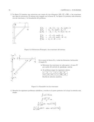 72 CAP´ITULO 5. FUNCIONES
2. La ﬁgura 5.3 muestra una estructura que consta de tres elementos (AD, CF y BE), y las ecuaciones
que rigen la estructura. El sistema esta cargado con la fuerza W. La ﬁgura 5.4 presenta cada elemento
con sus reacciones, y la formulaci´on del problema.
Fx = −Dx + Cx − Ax − Fb · cos(θ) = 0
Fy = Cy − Fb · sen(θ) + Ay = 0
MB = −Ax · c − Cx · b + Dx(a + b) = 0
Fx = −Cx + Fb · cos(θ) = 0
Fy = −Cy + Fb · sin(θ) − W = 0
Md = Cy · d − W · e = 0
Figura 5.3: Estructura Principal y las ecuaciones del sistema
Si se conoce la fuerza Dx y todas las distancias (incluyendo
el ´angulo θ).
Determine las reacciones en cada apoyo y el peso W
por medio del m´etodo de jacobian y solve.
Al problema asigne los siguientes valores:
a b c d e Dx θ
0.4 1.6 0.8 b a 700 45◦
Escriba la soluci´on num´erica.
Figura 5.4: Ensamble con las reacciones
3. Resuelva los siguientes problemas simb´olicos y escriba en la parte posterior de la hoja la soluci´on m´as
simple.
u
√
a + bu du
√
u2 − a2
u
du
d
du
2
3b2
(bu − 2a)
√
a + bu
d
du
2
15b3
(3b2
u2
− 4abu + 8a2
)
√
a + bu
 