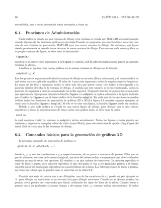 80 CAP´ITULO 6. GR ´AFICAS 2D
necesidades, uno u otras instrucci´on ser´an necesarias y otras no.
6.1. Funciones de Administraci´on
Cada gr´aﬁca es creada en una ventana de dibujo, esta ventana es creada por MATLAB autom´aticamente
cuando algunas de las funciones gr´aﬁcas es ejecutada.Cuando un programa, sea una funci´on o un script, une
m´as de una funci´on de generaci´on, MATLAB crea una nueva ventana de dibujo. Sin embargo, una ﬁgura
creada previamente es cerrada antes de crear la nueva ventana de dibujo. Para retener cada nueva gr´aﬁca en
su propia ventana de ﬁgura, se debe usar la instrucci´on:
figure(n)
donde n es un entero. Si el argumento n de figure es omitido, MATLAB autom´aticamente genera la siguiente
ventana de dibujo.
Tambi´en se pueden crear varias gr´aﬁcas en la misma ventana de dibujo con la funci´on
subplot(i,j,k)
Los dos primeros argumentos dividen la ventana de dibujo en sectores (ﬁlas y columnas), y el tercero indica en
qu´e sector va a ser aplicada la gr´aﬁca. El valor de 1 para este argumento indica la esquina superior izquierda.
La suma de las ﬁlas y columnas indica el valor m´as alto que puede tomar este ´ındice y corresponde a la
posici´on inferior derecha de la ventana de dibujo. A medida que este n´umero se va incrementando, indica la
posici´on de izquierda a derecha comenzando en la ﬁla superior. Cualquier funci´on de generaci´on o anotaci´on
que aparezca en el programa despu´es la funci´on figure y/o subplot, se aplica solamente a la ﬁgura indicada
por el ´ındice de figure o por el tercer ´ındice de la funci´on subplot. En cada una de las secciones se pueden
utilizar todas las funciones de generaci´on de gr´aﬁcas 2D y 3D.(La ﬁgura 6.1 muestra algunos ejemplos de
como usar la funci´on figure y subplot). Si solo se va usar una ﬁgura, la funci´on figure puede ser omitida.
Debido a que cada gr´aﬁca es creada en una nueva ﬁgura de dibujo, para dibujar una o m´as curvas,
superﬁcies o l´ıneas (o combinaciones de ´estas) sobre una gr´aﬁca dada, se debe usar la orden
hold on
la cual mantiene (hold) la ventana (o subplot) activo actualmente. Todas las ﬁguras creadas pueden ser
copiadas y pegadas en cualquier editor de texto (como Word), para esto seleccione la opci´on Copy Figure del
men´u Edit de cada una de las ventanas de dibujo.
6.2. Comandos b´asicos para la generaci´on de gr´aﬁcas 2D
El principal comando de generaci´on de gr´aﬁcas es
plot(u1,v1,c1,u2,v2,c2,...)
donde uj y vj son las coordenadas x y y respectivamente, de un punto o una serie de puntos. Ellos son un
par de n´umeros, vectores de la misma longitud, matrices del mismo orden, o expresiones que al ser evaluadas
resulten en una de estas tres opciones. El termino cj es una cadena de caracteres: Un caracter especiﬁca el
color de l´ınea o punto, otro caracter especiﬁca el tipo del punto si van a ser graﬁcados puntos y el ´ultimo
caracter puede ser usado para especiﬁcar las caracter´ısticas de la l´ınea. Los diferentes tipos de l´ıneas y puntos,
as´ı como los colores que se pueden usar se muestran en la tabla 6.2.
Cuando una serie de puntos van a ser dibujados, uno de los caracteres de cj, puede ser por ejemplo un
‘s’, para dibujar un cuadrados, o un asterisco (*) para dibujar asteriscos. Cuando no se desean mostrar los
puntos, estos pueden ser conectados por l´ıneas, utilizando los tipos de linea de la tabla. Cuando l´ıneas y
puntos van a ser graﬁcadas al mismo tiempo y del mismo color, cj contiene ambas descripciones. El orden
 