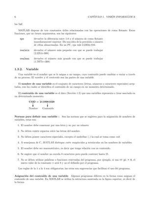 6 CAP´ITULO 1. VISI ´ON INFORM ´ATICA
los Inf.
MATLAB dispone de tres constantes ´utiles relacionadas con las operaciones de coma ﬂotante. Estas
funciones, que no tienen argumentos, son las siguientes:
eps devuelve la diferencia entre 1.0 y el n´umero de coma ﬂotante
inmediatamente superior. Da una idea de la precisi´on o n´umero
de cifras almacenadas. En un PC, eps vale 2.2204e-016.
realmin devuelve el n´umero m´as peque˜no con que se puede trabajar
(2.2251e-308)
realmax devuelve el n´umero m´as grande con que se puede trabajar
(1.7977e+308)
1.3.2. Variable
Una variable es el nombre que se le asigna a un campo, cuyo contenido puede cambiar o variar a trav´es
de un proceso. El nombre y el contenido son las partes de una variable.
El nombre de una variable es el conjunto de caracteres (letras, n´umeros y caracteres especiales) acep-
tados, con los cuales se identiﬁca el contenido de un campo en un momento determinado.
El contenido de una variable es el dato (Secci´on 1.2) que una variables representa o tiene asociada en
un determinado momento.
COD = 2119981029
? ?
Nombre Contenido
Normas para deﬁnir una variable : Son las normas que se sugieren para la asignaci´on de nombres de
variables, estas son:
1. El nombre debe comenzar por una letra y no por un n´umero
2. No deben existir espacios entre las letras del nombre.
3. No deben poseer caracteres especiales, excepto el underline ( ) la cual se toma como sub.
4. A semejanza de C, MATLAB distingue entre may´usculas y min´usculas en los nombres de variables.
5. El nombre debe ser mnemot´ecnico, es decir que tenga relaci´on con su contenido.
6. Se sugiere que el nombre no exceda 8 caracteres pero puede contener hasta 21.
7. No se deben utilizar palabras o funciones reservadas del programa, por ejemplo, si usa >> pi = 8, el
nuevo valor de la constante π ser´a 8 y no el deﬁnido por el programa.
Las reglas de la 1 a la 4 son obligatorias, las otras son sugerencias que facilitan el uso del programa.
Asignaci´on del contenido de una variable Algunos programas diﬁeren en la forma como asignan el
contenido de una variable. En MATLAB se utiliza la estructura mostrada en la ﬁgura superior, es decir de
la forma:
 