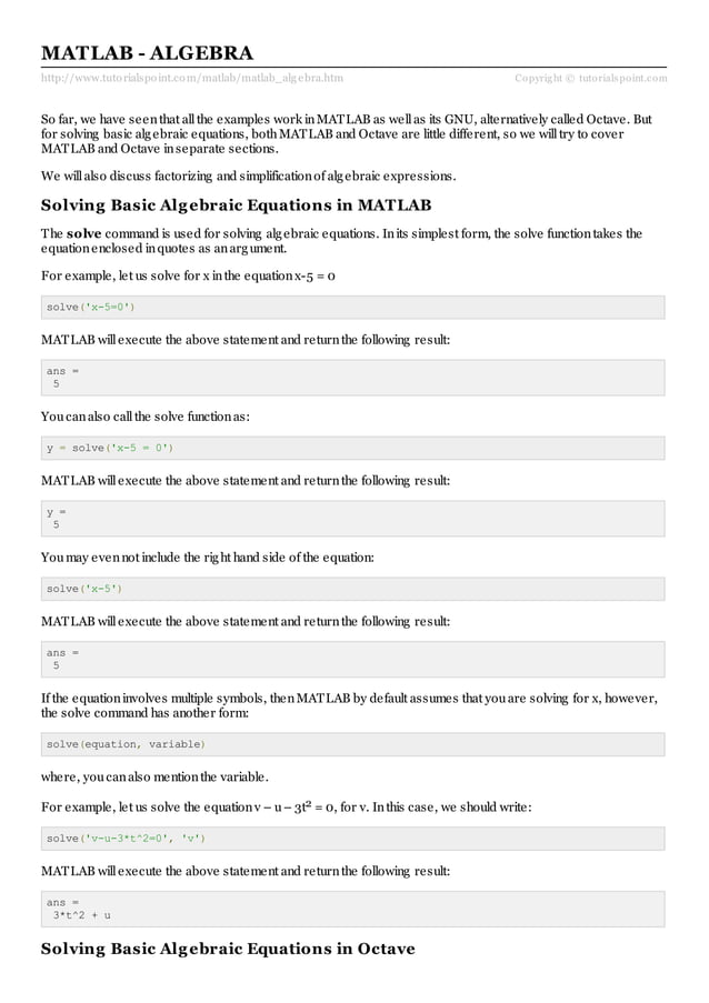 Matlab algebra pdf