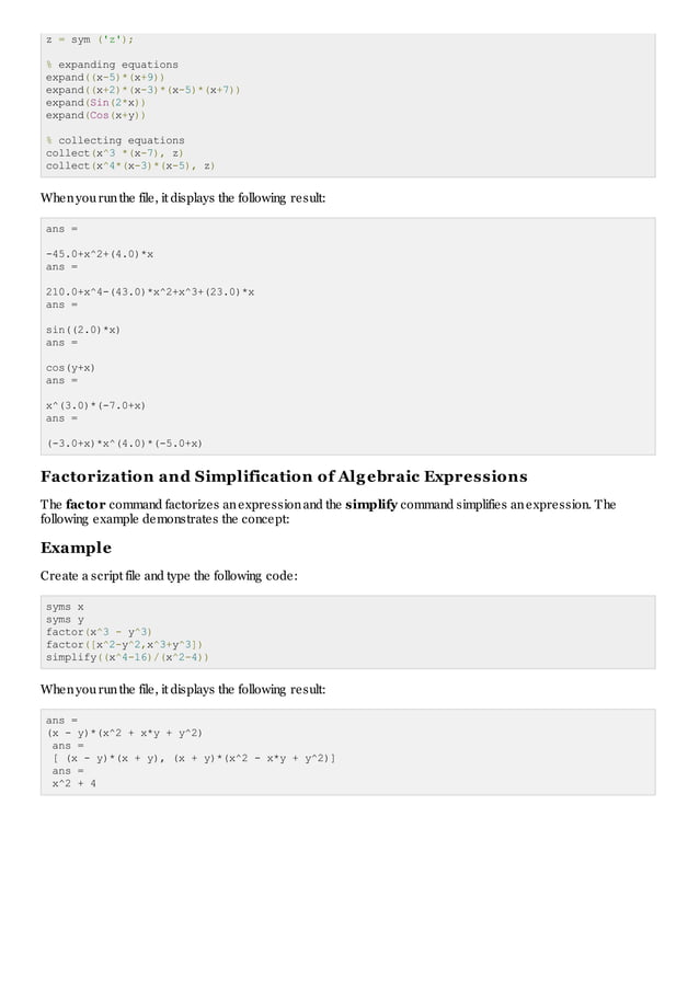 Matlab Algebra