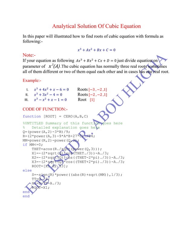 Matlab analytical solution of cubic equation PDF