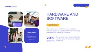 Search . . .
CODING School
HARDWARE AND
SOFTWARE
Presentations are
tools that can be
used as lectures,
speeches.
HARDWARE
SOFTWARE
PERCENTAGE
Presentations are tools that can be used as
lectures, speeches, reports, and more. It is mostly
presented like before an audience.
Presentations are tools that can be
used as lectures, speeches, reports,
and more.
20%
 