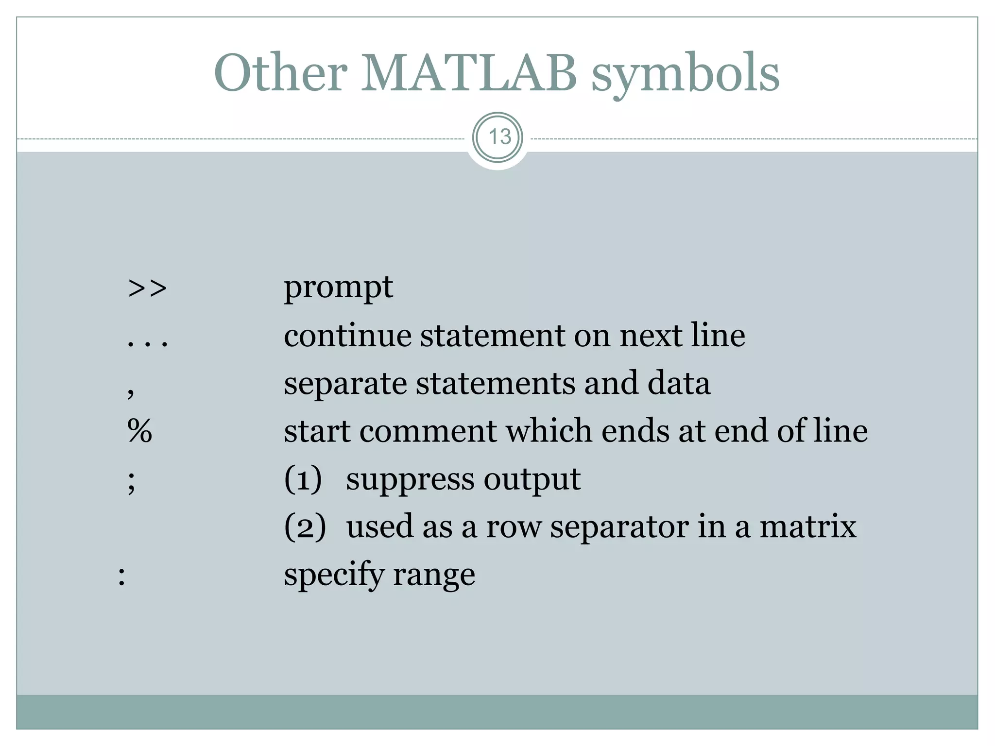 13
Other MATLAB symbols
>> prompt
. . . continue statement on next line
, separate statements and data
% start comment which ends at end of line
; (1) suppress output
(2) used as a row separator in a matrix
: specify range
 