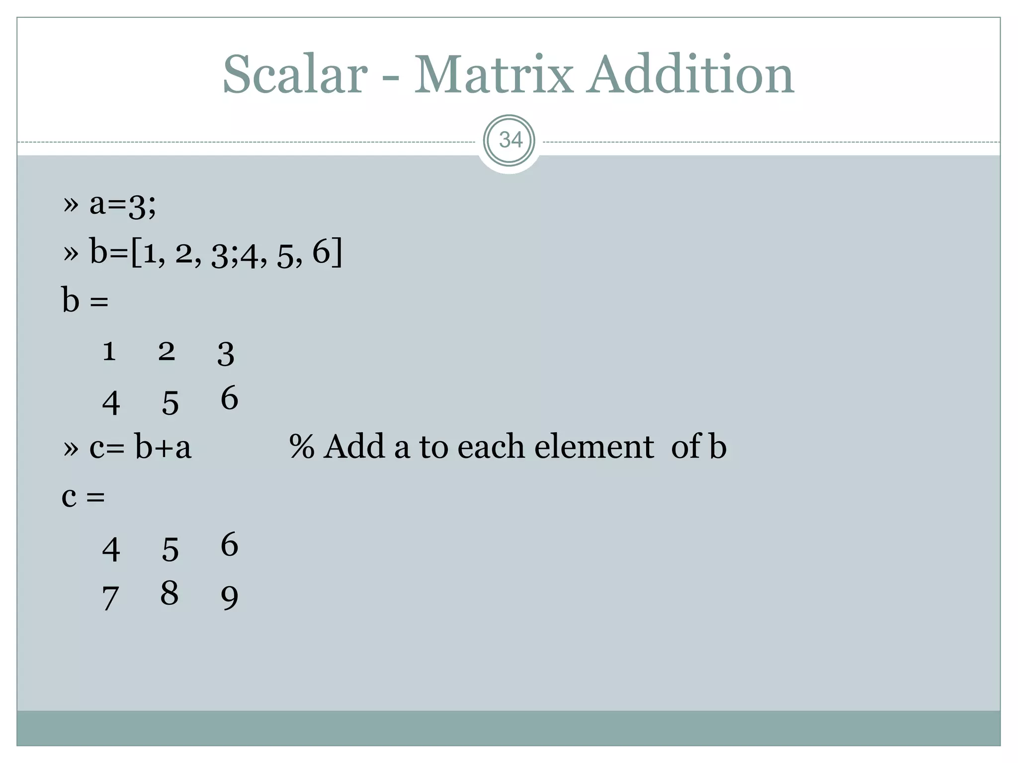 34
Scalar - Matrix Addition
» a=3;
» b=[1, 2, 3;4, 5, 6]
b =
1 2 3
4 5 6
» c= b+a % Add a to each element of b
c =
4 5 6
7 8 9
 