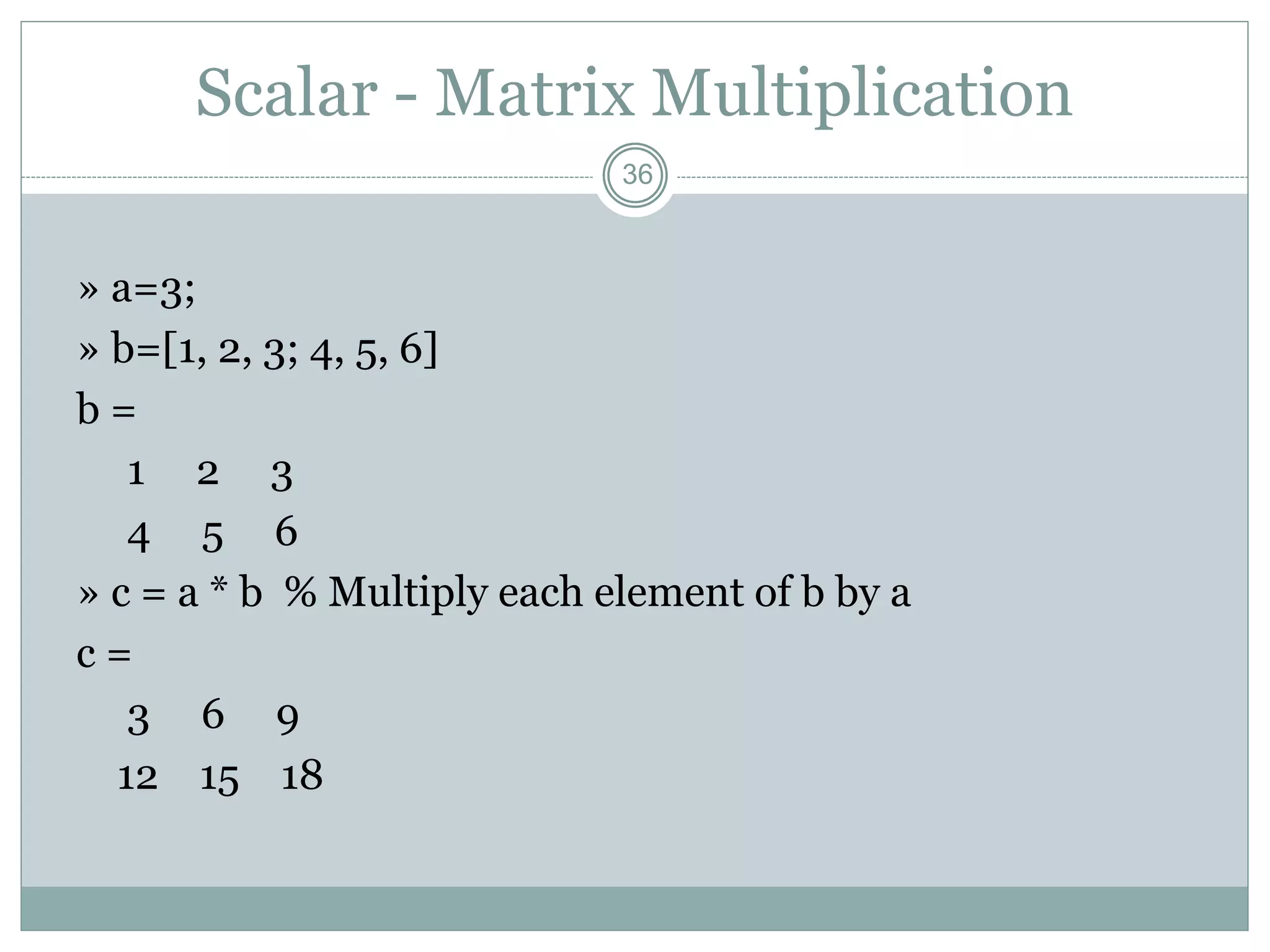 36
Scalar - Matrix Multiplication
» a=3;
» b=[1, 2, 3; 4, 5, 6]
b =
1 2 3
4 5 6
» c = a * b % Multiply each element of b by a
c =
3 6 9
12 15 18
 