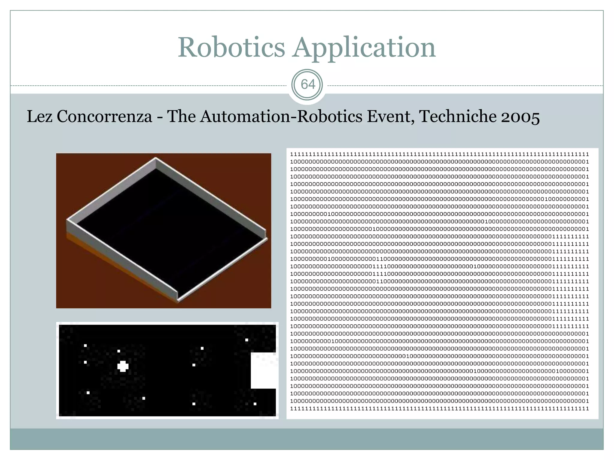 64
Robotics Application
Lez Concorrenza - The Automation-Robotics Event, Techniche 2005
 