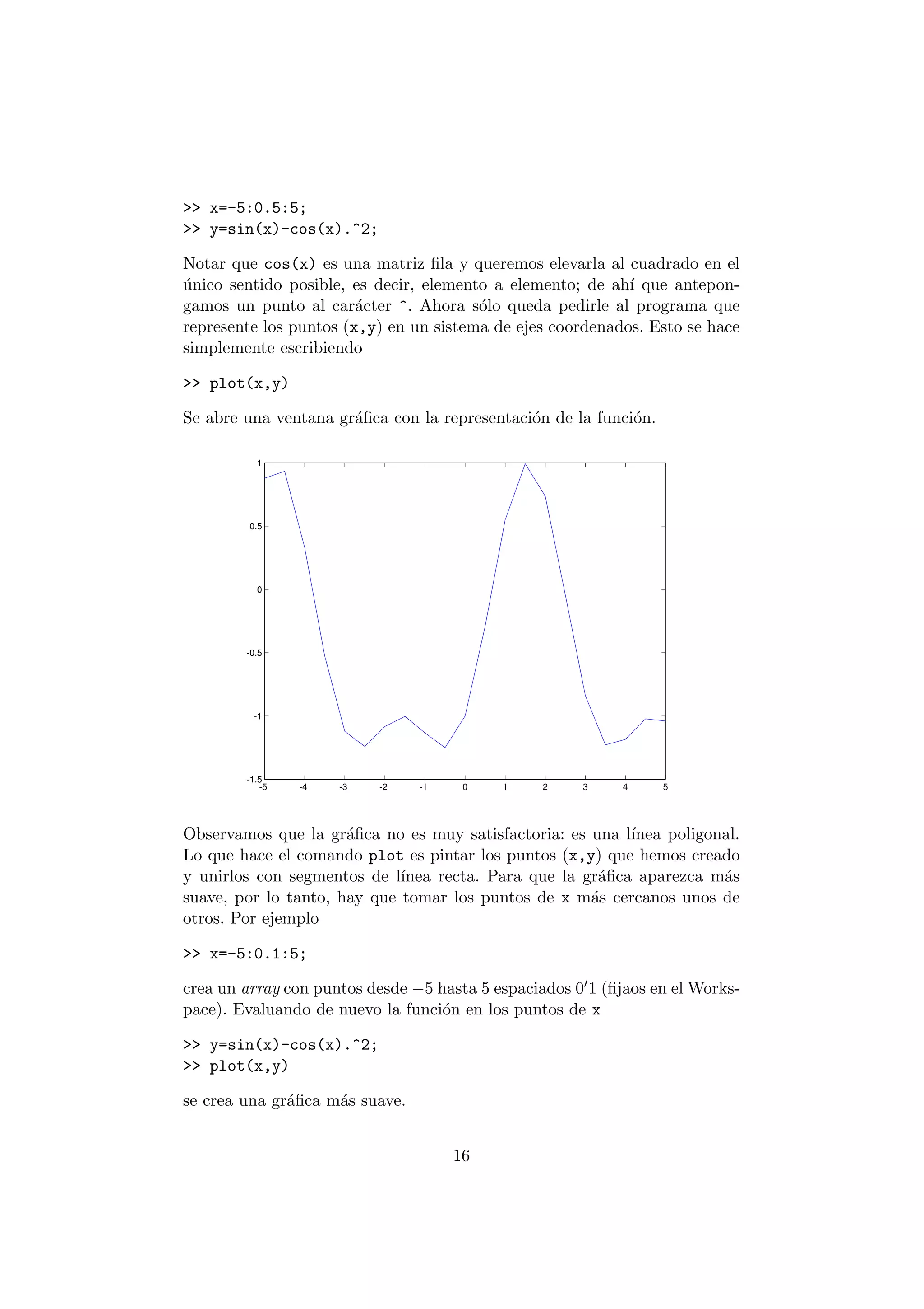>> x=-5:0.5:5; 
>> y=sin(x)-cos(x).^2; 
Notar que cos(x) es una matriz ¯la y queremos elevarla al cuadrado en el 
¶unico sentido posible, es decir, elemento a elemento; de ah¶³ que antepon- 
gamos un punto al car¶acter ^. Ahora s¶olo queda pedirle al programa que 
represente los puntos (x,y) en un sistema de ejes coordenados. Esto se hace 
simplemente escribiendo 
>> plot(x,y) 
Se abre una ventana gr¶a¯ca con la representaci¶on de la funci¶on. 
1 
0.5 
0 
-0.5 
-1 
-1.5 
-5 -4 -3 -2 -1 0 1 2 3 4 5 
Observamos que la gr¶a¯ca no es muy satisfactoria: es una l¶³nea poligonal. 
Lo que hace el comando plot es pintar los puntos (x,y) que hemos creado 
y unirlos con segmentos de l¶³nea recta. Para que la gr¶a¯ca aparezca m¶as 
suave, por lo tanto, hay que tomar los puntos de x m¶as cercanos unos de 
otros. Por ejemplo 
>> x=-5:0.1:5; 
crea un array con puntos desde ¡5 hasta 5 espaciados 001 (¯jaos en elWorks- 
pace). Evaluando de nuevo la funci¶on en los puntos de x 
>> y=sin(x)-cos(x).^2; 
>> plot(x,y) 
se crea una gr¶a¯ca m¶as suave. 
16 
 
