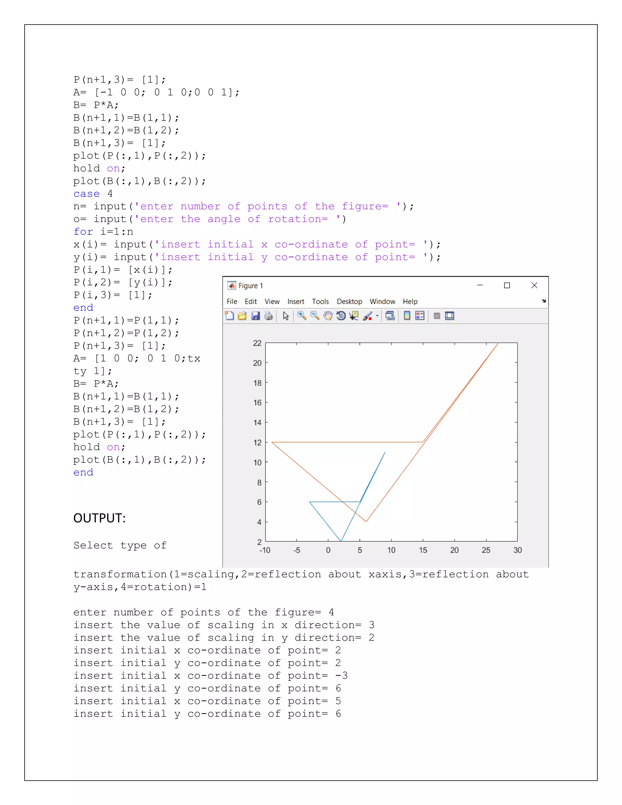 P(n+1,3)= [1];
A= [-1 0 0; 0 1 0;0 0 1];
B= P*A;
B(n+1,1)=B(1,1);
B(n+1,2)=B(1,2);
B(n+1,3)= [1];
plot(P(:,1),P(:,2));
hold on;
plot(B(:,1),B(:,2));
case 4
n= input('enter number of points of the figure= ');
o= input('enter the angle of rotation= ')
for i=1:n
x(i)= input('insert initial x co-ordinate of point= ');
y(i)= input('insert initial y co-ordinate of point= ');
P(i,1)= [x(i)];
P(i,2)= [y(i)];
P(i,3)= [1];
end
P(n+1,1)=P(1,1);
P(n+1,2)=P(1,2);
P(n+1,3)= [1];
A= [1 0 0; 0 1 0;tx
ty 1];
B= P*A;
B(n+1,1)=B(1,1);
B(n+1,2)=B(1,2);
B(n+1,3)= [1];
plot(P(:,1),P(:,2));
hold on;
plot(B(:,1),B(:,2));
end
OUTPUT:
Select type of
transformation(1=scaling,2=reflection about xaxis,3=reflection about
y-axis,4=rotation)=1
enter number of points of the figure= 4
insert the value of scaling in x direction= 3
insert the value of scaling in y direction= 2
insert initial x co-ordinate of point= 2
insert initial y co-ordinate of point= 2
insert initial x co-ordinate of point= -3
insert initial y co-ordinate of point= 6
insert initial x co-ordinate of point= 5
insert initial y co-ordinate of point= 6
 
