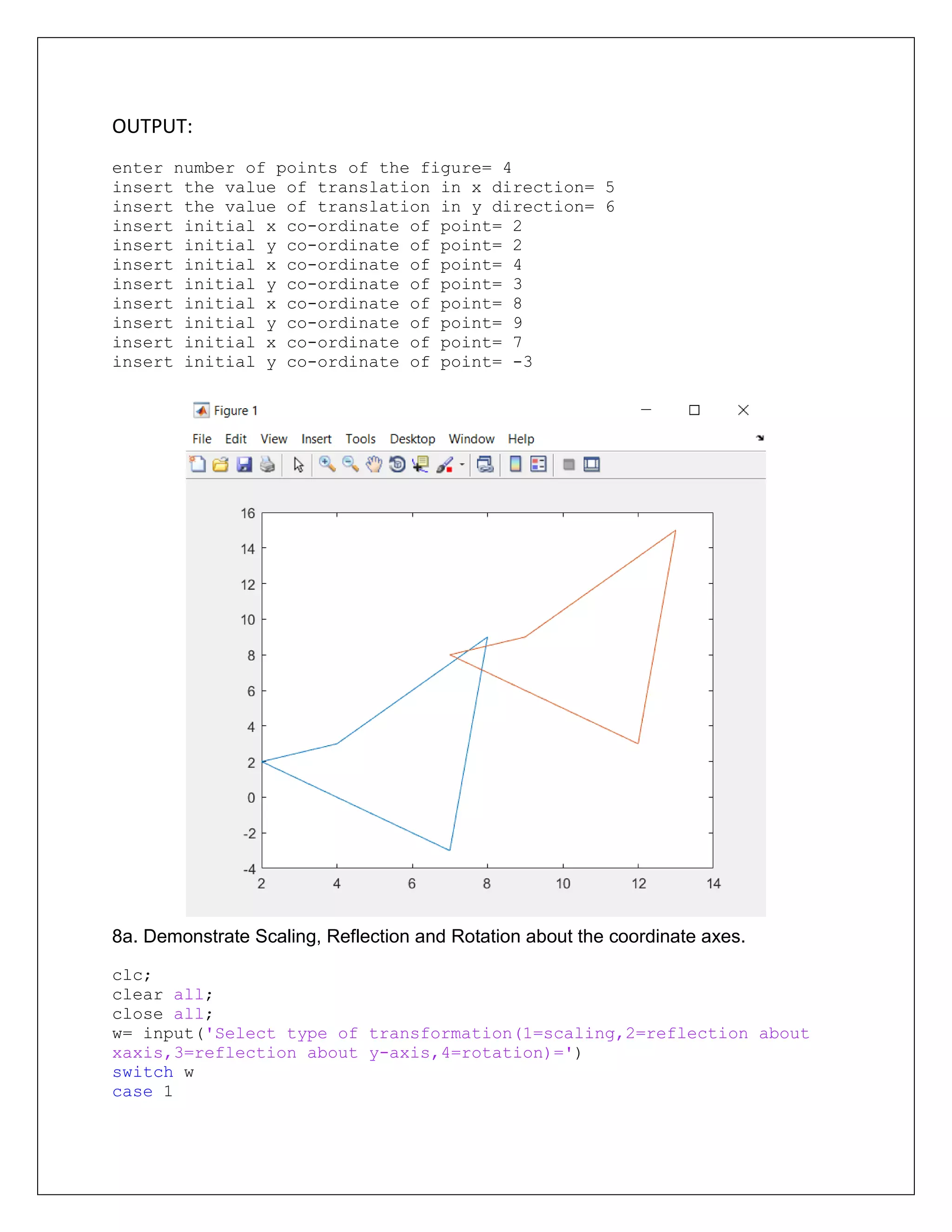 OUTPUT:
enter number of points of the figure= 4
insert the value of translation in x direction= 5
insert the value of translation in y direction= 6
insert initial x co-ordinate of point= 2
insert initial y co-ordinate of point= 2
insert initial x co-ordinate of point= 4
insert initial y co-ordinate of point= 3
insert initial x co-ordinate of point= 8
insert initial y co-ordinate of point= 9
insert initial x co-ordinate of point= 7
insert initial y co-ordinate of point= -3
8a. Demonstrate Scaling, Reflection and Rotation about the coordinate axes.
clc;
clear all;
close all;
w= input('Select type of transformation(1=scaling,2=reflection about
xaxis,3=reflection about y-axis,4=rotation)=')
switch w
case 1
 
