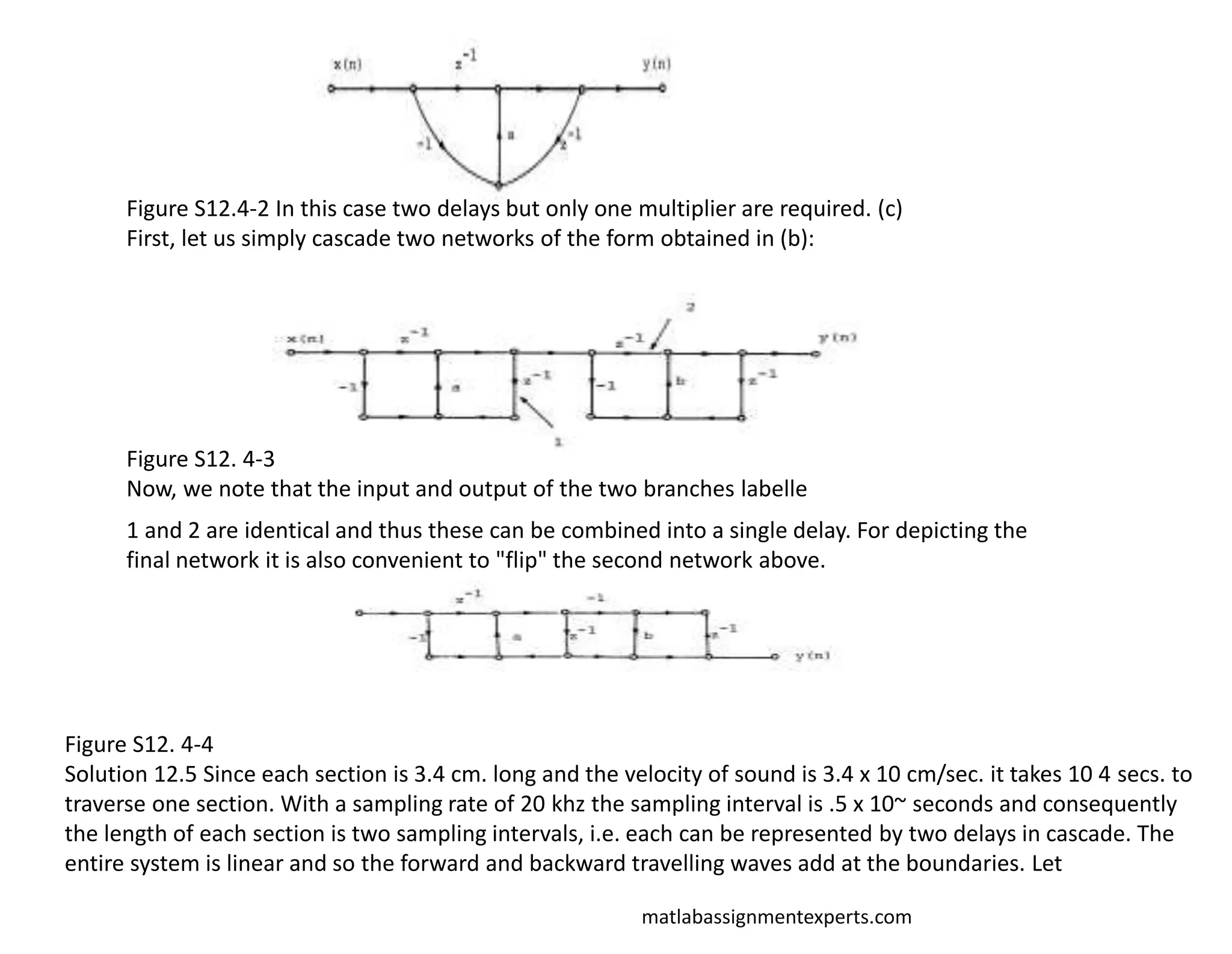 matlabassignmentexperts.com
Figure S12.4-2 In this case two delays but only one multiplier are required. (c)
First, let us simply cascade two networks of the form obtained in (b):
Figure S12. 4-3
Now, we note that the input and output of the two branches labelle
1 and 2 are identical and thus these can be combined into a single delay. For depicting the
final network it is also convenient to "flip" the second network above.
Figure S12. 4-4
Solution 12.5 Since each section is 3.4 cm. long and the velocity of sound is 3.4 x 10 cm/sec. it takes 10 4 secs. to
traverse one section. With a sampling rate of 20 khz the sampling interval is .5 x 10~ seconds and consequently
the length of each section is two sampling intervals, i.e. each can be represented by two delays in cascade. The
entire system is linear and so the forward and backward travelling waves add at the boundaries. Let
 