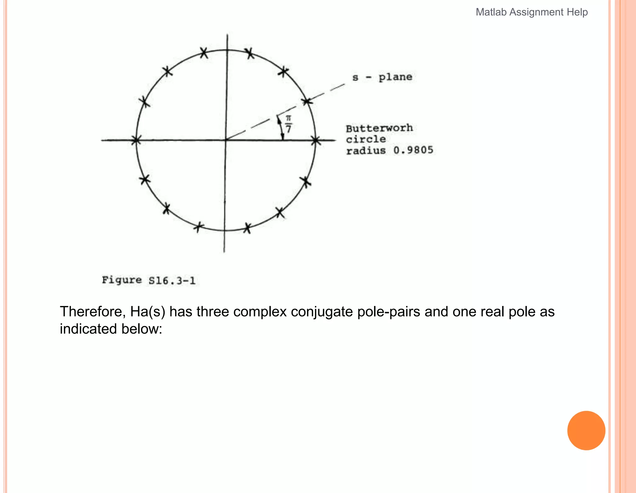 Therefore, Ha(s) has three complex conjugate pole-pairs and one real pole as
indicated below:
Matlab Assignment Help
 