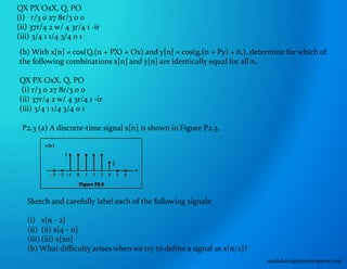 QX PX OxX, Q, PO
(i) r/3 0 27 8r/3 0 0
(ii) 37r/4 2 w/ 4 3r/4 1 -ir
(iii) 3/4 1 1/4 3/4 0 1
(b) With x[n] = cos(Q,(n + PX) + Ox) and y[n] = cos(g,(n + Py) + 6,), determine for which of
the following combinations x[n] and y[n] are identically equal for all n.
QX PX OxX, Q, PO
(i) r/3 0 27 8r/3 0 0
(ii) 37r/4 2 w/ 4 3r/4 1 -ir
(iii) 3/4 1 1/4 3/4 0 1
P2.3 (a) A discrete-time signal x[n] is shown in Figure P2.3.
Sketch and carefully label each of the following signals:
(i) x[n - 2]
(ii) (ii) x[4 - n]
(iii) (iii) x[2n]
(b) What difficulty arises when we try to define a signal as.x[n/2]?
matlabassignmentexperts.com
 