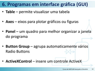 6. Programas em interface gráfica (GUI)
• Table – permite visualizar uma tabela
• Axes – eixos para plotar gráficos ou figuras
• Panel – um quadro para melhor organizar a janela
do programa
• Button Group – agrupa automaticamente vários
Radio Buttons
• ActiveXControl – insere um controle ActiveX
Curso de MATLAB Avançado e Simulink 14
 