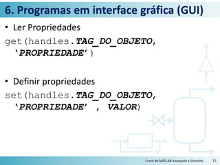 6. Programas em interface gráfica (GUI)
• Ler Propriedades
get(handles.TAG_DO_OBJETO,
‘PROPRIEDADE’)
• Definir propriedades
set(handles.TAG_DO_OBJETO,
‘PROPRIEDADE’ , VALOR)
Curso de MATLAB Avançado e Simulink 15
 