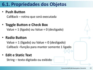 6.1. Propriedades dos Objetos
• Push Button
CallBack – rotina que será executada
• Toggle Button e Check Box
Value = 1 (ligado) ou Value = 0 (desligado)
• Radio Button
Value = 1 (ligado) ou Value = 0 (desligado)
Callback –função para manter somente 1 ligado
• Edit e Static Text
String – texto digitado ou exibido
Curso de MATLAB Avançado e Simulink 19
 