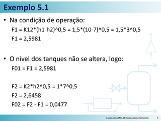 Exemplo 5.1
• Na condição de operação:
F1 = K12*(h1-h2)^0,5 = 1,5*(10-7)^0,5 = 1,5*3^0,5
F1 = 2,5981
• O nível dos tanques não se altera, logo:
F01 = F1 = 2,5981
F2 = K2*h2^0,5 = 1*7^0,5
F2 = 2,6458
F02 = F2 - F1 = 0,0477
Curso de MATLAB Avançado e Simulink 3
 