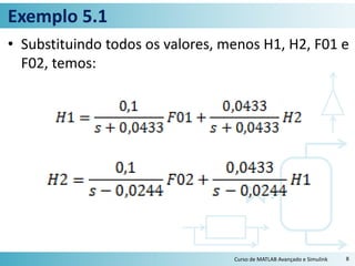 Exemplo 5.1
• Substituindo todos os valores, menos H1, H2, F01 e
F02, temos:
Curso de MATLAB Avançado e Simulink 8
 