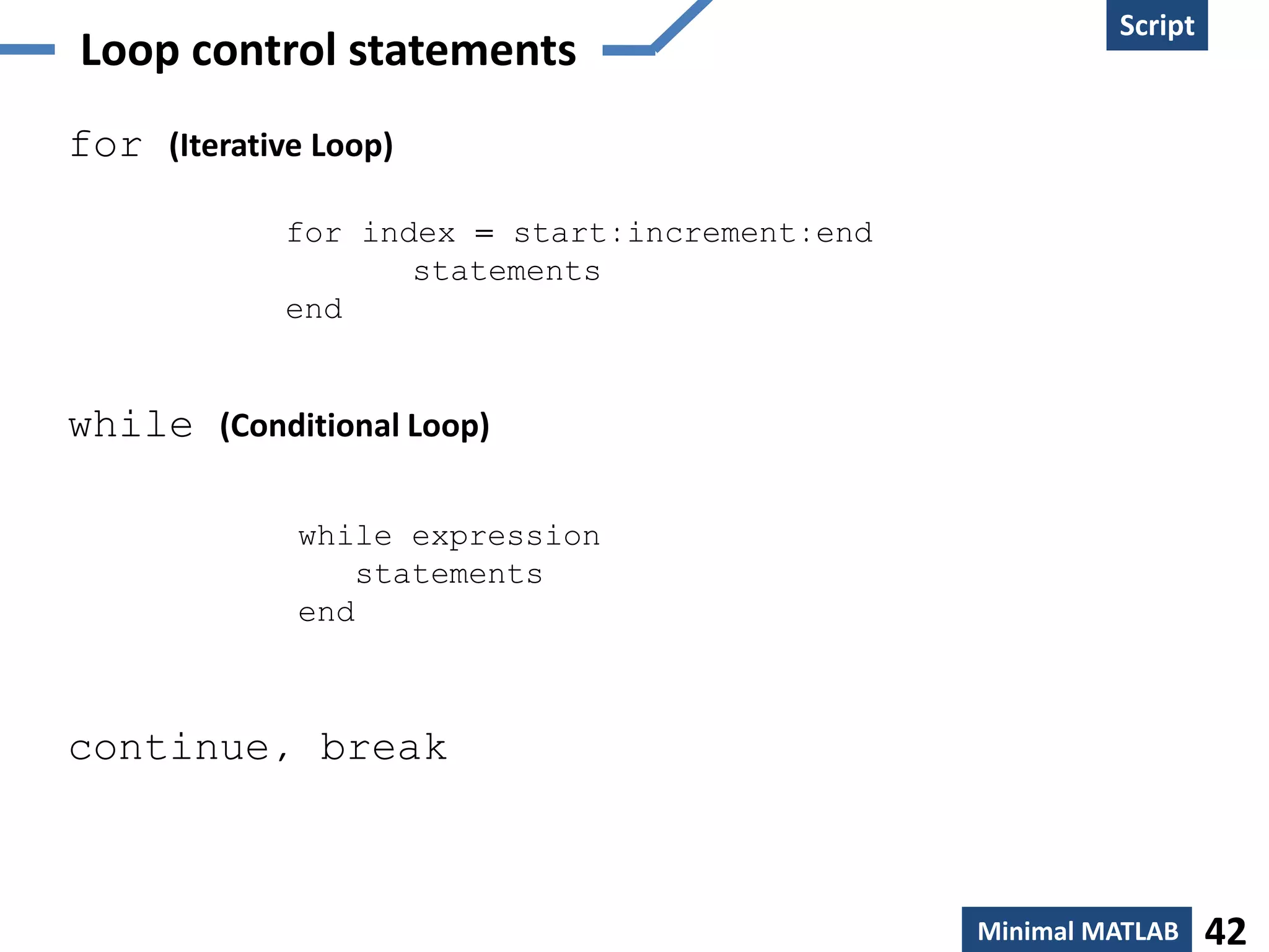Loop control statements
Script
Minimal MATLAB 42
for (Iterative Loop)
while (Conditional Loop)
continue, break
for index = start:increment:end
statements
end
while expression
statements
end
 