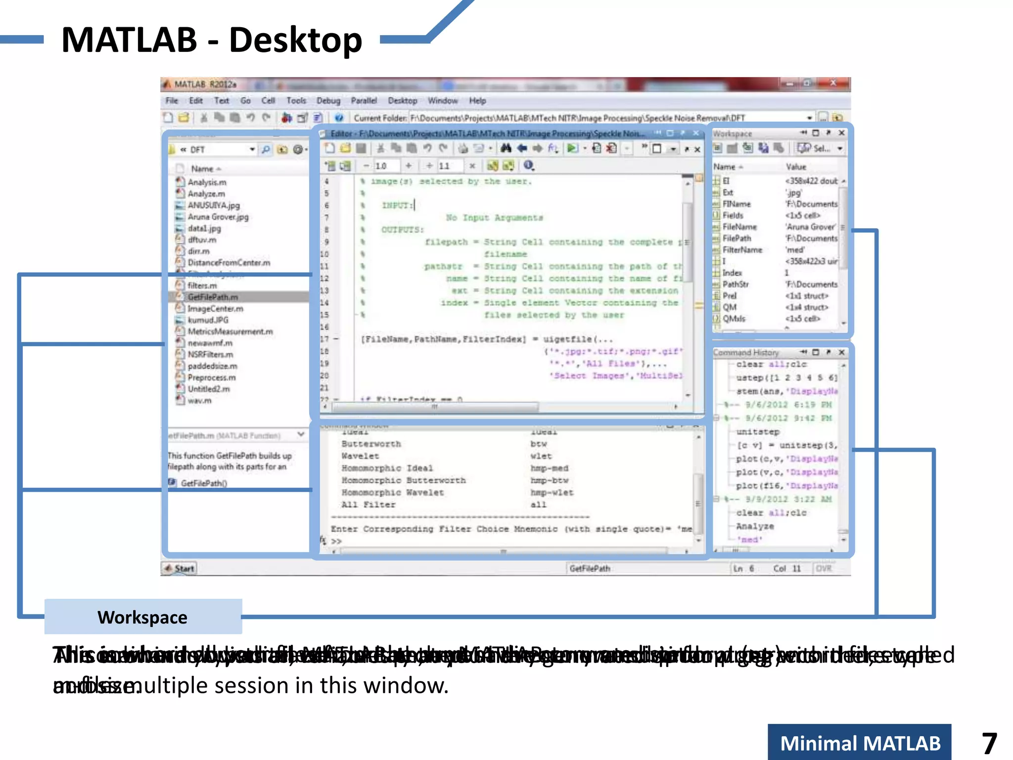 The main window characterized by the MATLAB command prompt (>>)
Command Window
This is where you write, edit, create, and save your own script or programs in files called
m-files.
Editor Window
This is where all your files from the current directory are listed.
Current Directory
All commands typed on MATLAB prompt in the command window get recorded, even
across multiple session in this window.
Command History
This subwindow lists all variables that you have generated so far along with there type
and size.
Workspace
MATLAB - Desktop
Minimal MATLAB 7
 