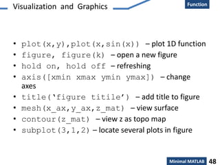 Creation
Function
Minimal MATLAB 48
Visualization and Graphics
• plot(x,y),plot(x,sin(x)) – plot 1D function
• figure, figure(k) – open a new figure
• hold on, hold off – refreshing
• axis([xmin xmax ymin ymax]) – change
axes
• title(‘figure titile’) – add title to figure
• mesh(x_ax,y_ax,z_mat) – view surface
• contour(z_mat) – view z as topo map
• subplot(3,1,2) – locate several plots in figure
 