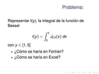 Problema: 
Representar I(y), la integral de la función de 
Bessel 
I(y) = 
Z y 
0 
J2:5(x) dx 
con y 2 [1; 5] 
 ¿Cómo se haría en Fortran? 
 ¿Cómo se haría en Excel? 
 
