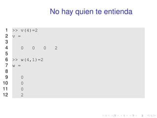 No hay quien te entienda 
1  v(4)=2 
2 v = 
3 
4 0 0 0 2 
5 
6  w(4,1)=2 
7 w = 
8 
9 0 
10 0 
11 0 
12 2 
 