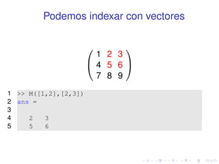 Podemos indexar con vectores 
0 
@ 
1 2 3 
4 5 6 
7 8 9 
1 
A 
1  M([1,2],[2,3]) 
2 ans = 
3 
4 2 3 
5 5 6 
 
