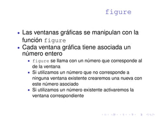 figure 
 Las ventanas gráficas se manipulan con la 
función figure 
 Cada ventana gráfica tiene asociada un 
número entero 
 figure se llama con un número que corresponde al 
de la ventana 
 Si utilizamos un número que no corresponde a 
ninguna ventana existente crearemos una nueva con 
este número asociado 
 Si utilizamos un número existente activaremos la 
ventana correspondiente 
 