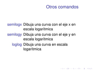 Otros comandos 
semilogx Dibuja una curva con el eje x en 
escala logarítmica 
semilogy Dibuja una curva con el eje y en 
escala logarítmica 
loglog Dibuja una curva en escala 
logarítmica 
 