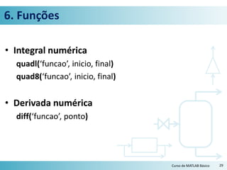 6. Funções
• Integral numérica
quadl(‘funcao’, inicio, final)
quad8(‘funcao’, inicio, final)
• Derivada numérica
diff(‘funcao’, ponto)
Curso de MATLAB Básico 29
 