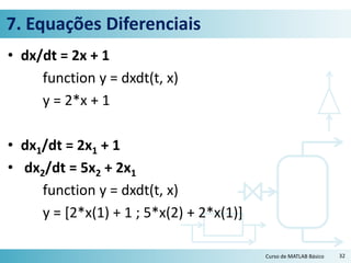 7. Equações Diferenciais
• dx/dt = 2x + 1
function y = dxdt(t, x)
y = 2*x + 1
• dx1/dt = 2x1 + 1
• dx2/dt = 5x2 + 2x1
function y = dxdt(t, x)
y = [2*x(1) + 1 ; 5*x(2) + 2*x(1)]
Curso de MATLAB Básico 32
 